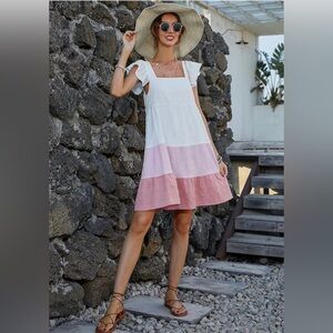 Flowy White Pink and Blush Tiered Mini Dress with Ruffle Sleeves Size Lb by